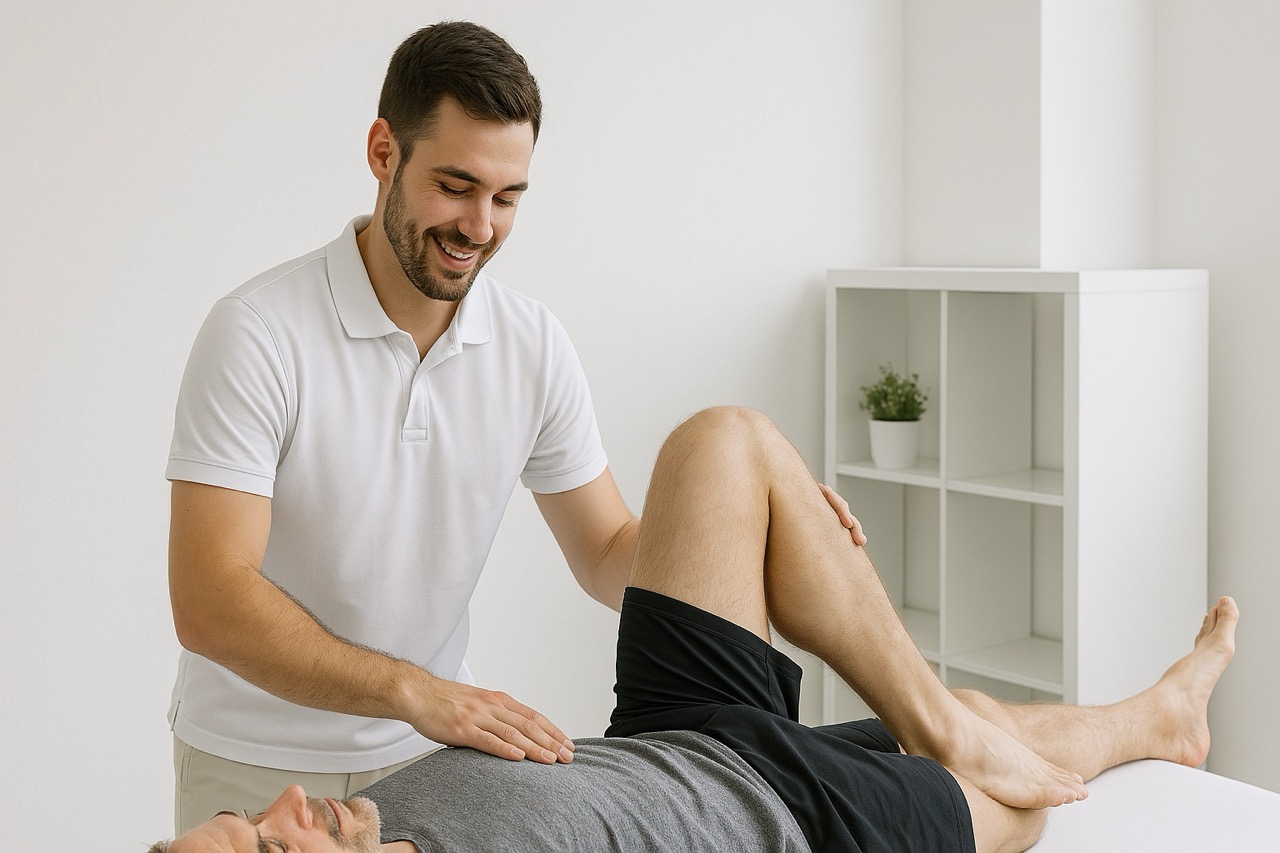 Männlicher Physiotherapeut behandelt das Bein eines Patienten in einer modernen weißen Klinik.