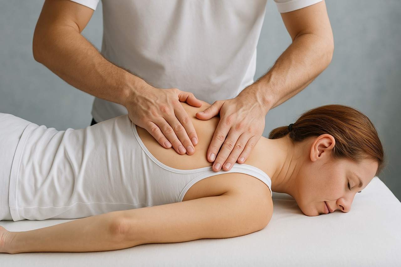 Manuelle Therapie – Therapeut behandelt den Rücken einer entspannten Patientin Physiotherapie